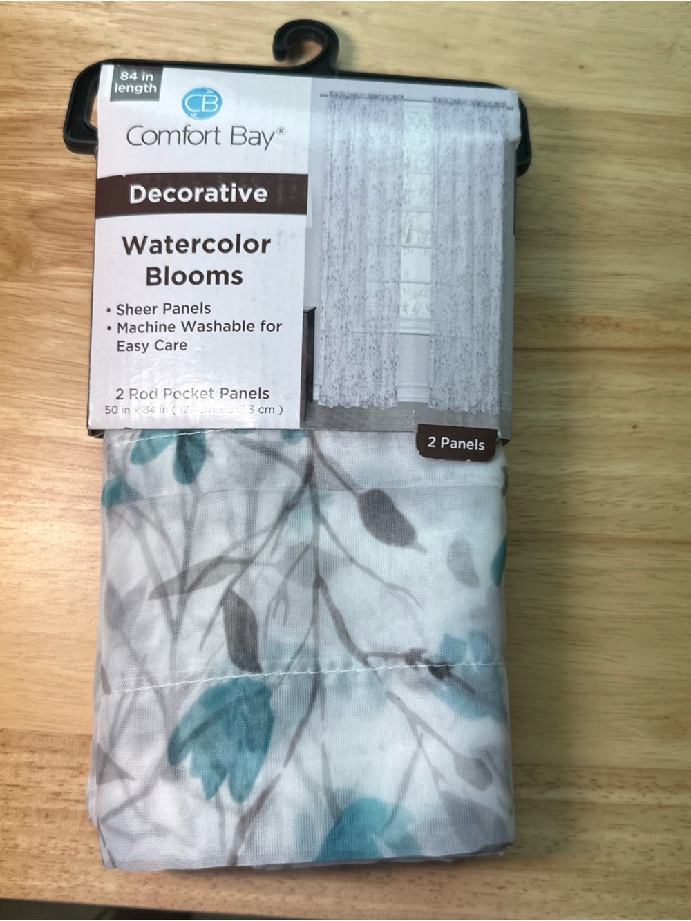 Comfort Bay Teal and Gray Floral Sheer Panel Pair